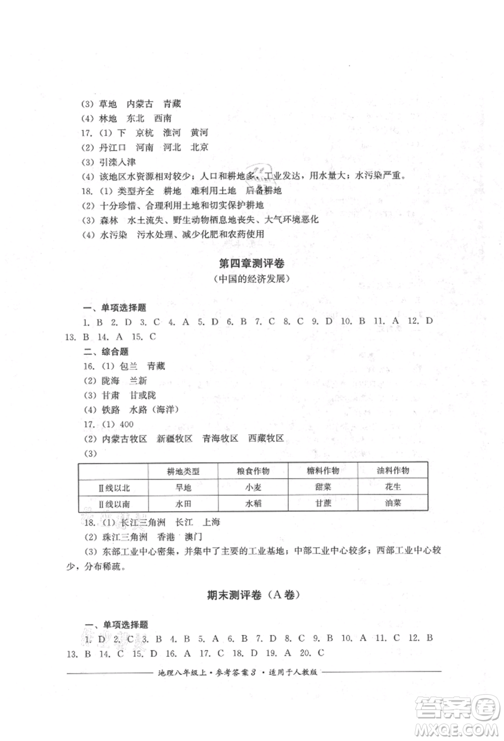 四川教育出版社2021單元測評八年級地理上冊人教版參考答案