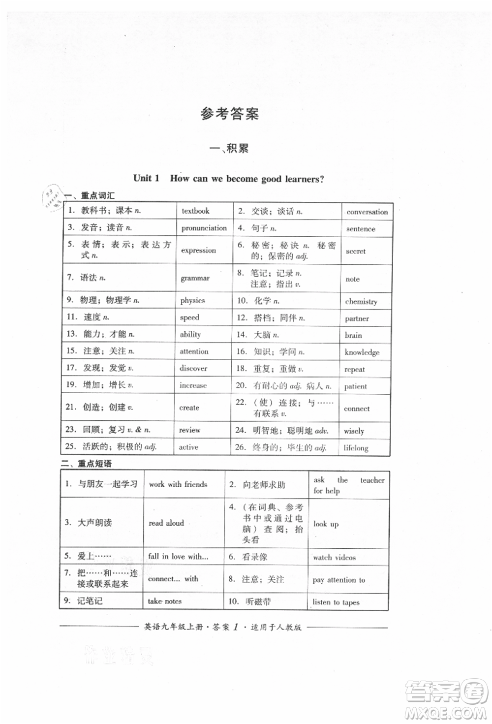 四川教育出版社2021單元測(cè)評(píng)九年級(jí)英語上冊(cè)人教版參考答案