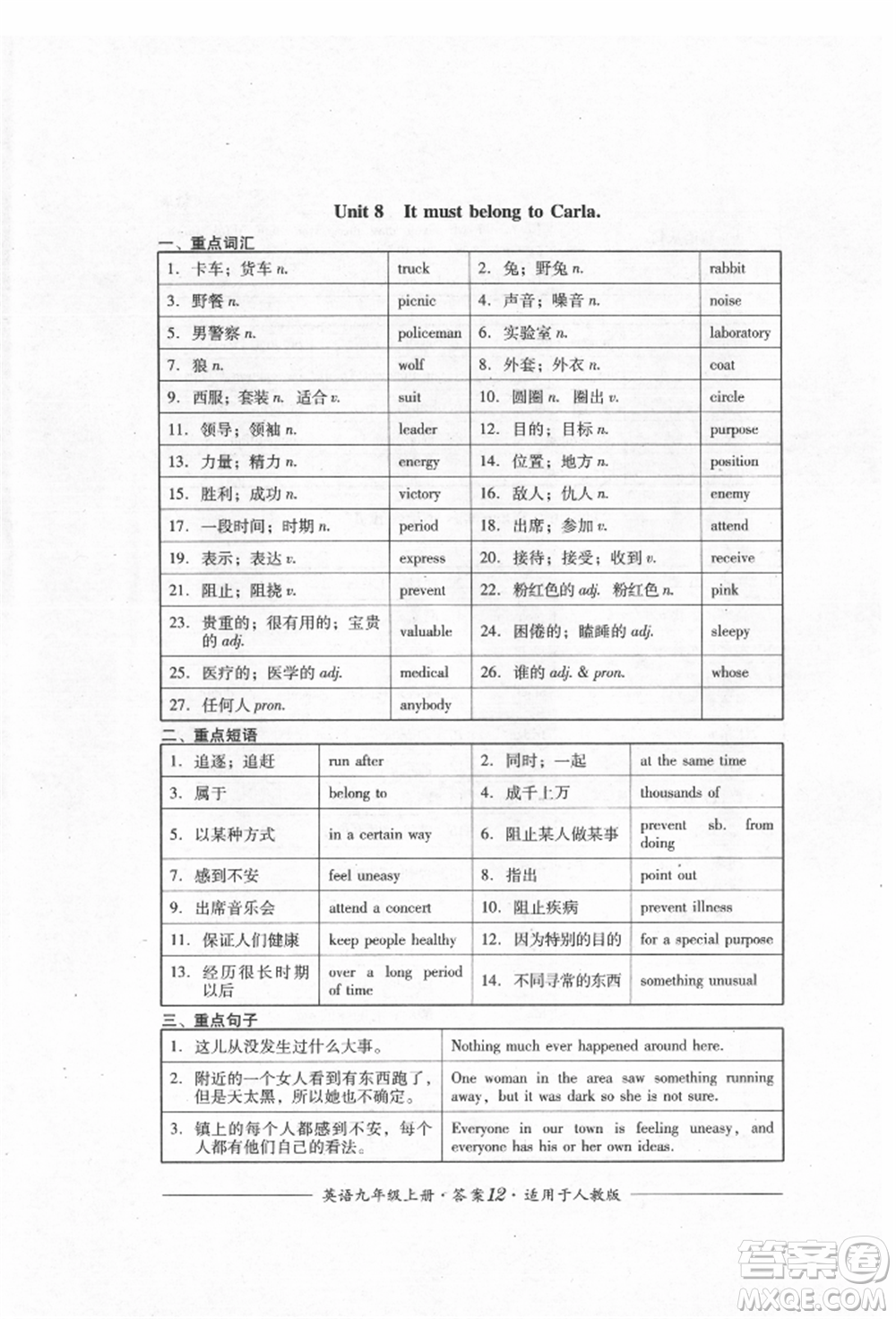 四川教育出版社2021單元測(cè)評(píng)九年級(jí)英語上冊(cè)人教版參考答案