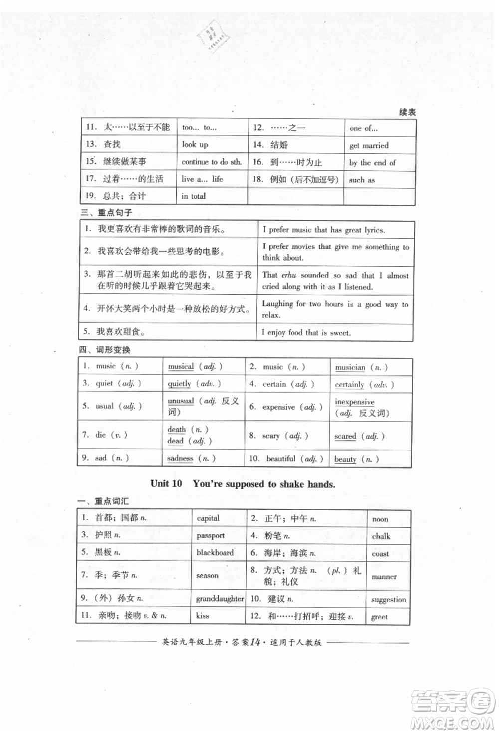 四川教育出版社2021單元測(cè)評(píng)九年級(jí)英語上冊(cè)人教版參考答案