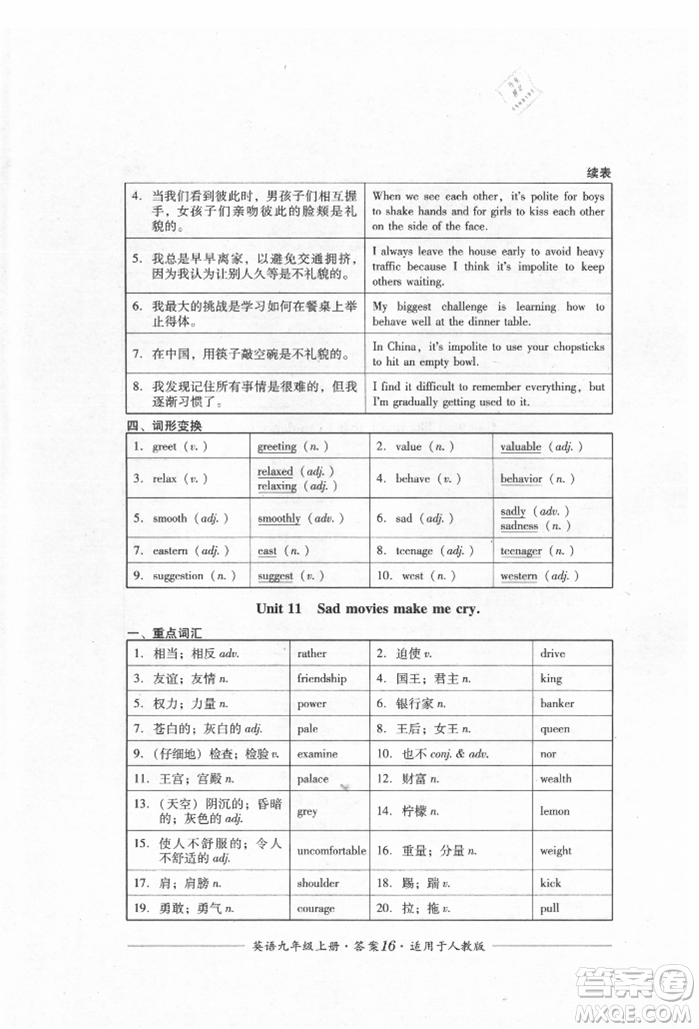 四川教育出版社2021單元測(cè)評(píng)九年級(jí)英語上冊(cè)人教版參考答案