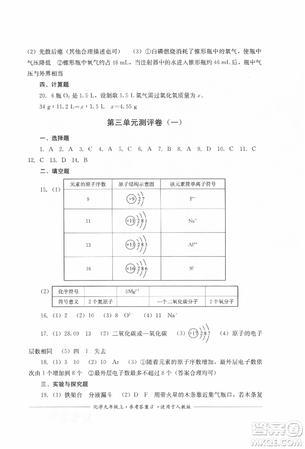 四川教育出版社2021單元測(cè)評(píng)九年級(jí)化學(xué)上冊(cè)人教版參考答案