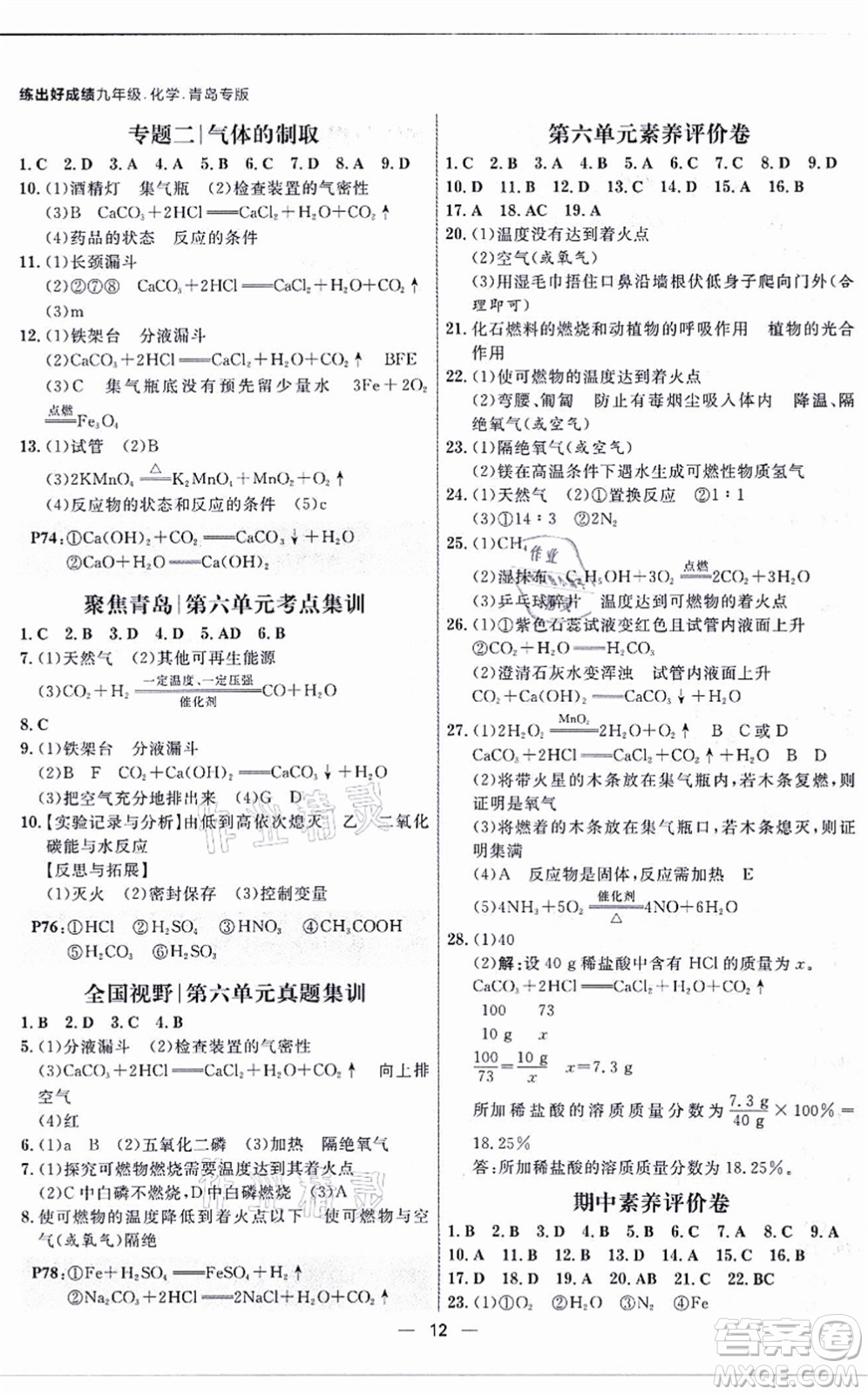 南方出版社2021練出好成績九年級化學(xué)全一冊人教版青島專版答案