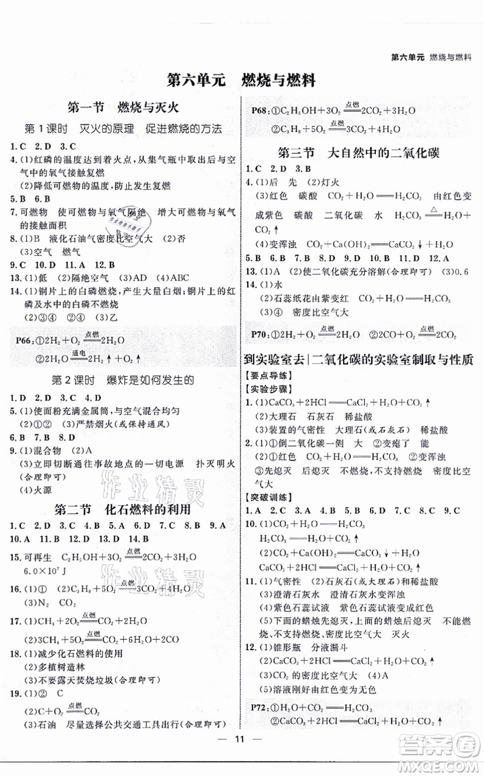 南方出版社2021練出好成績九年級化學(xué)全一冊人教版青島專版答案