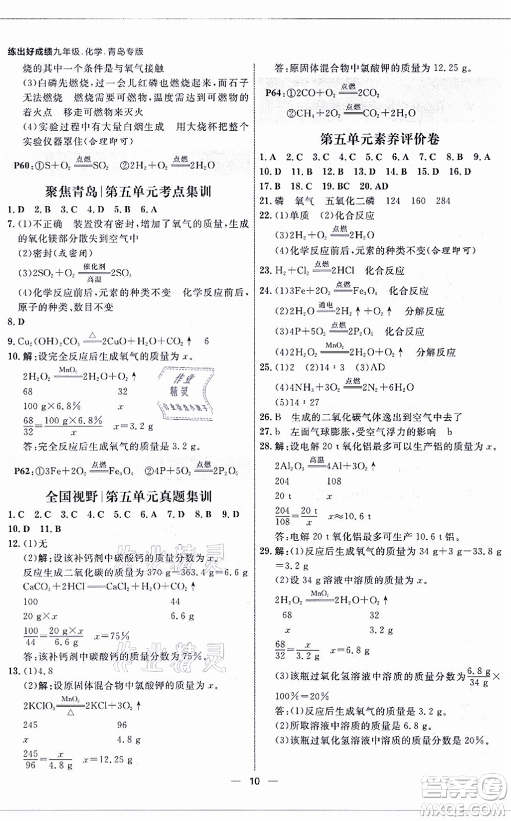 南方出版社2021練出好成績九年級化學(xué)全一冊人教版青島專版答案