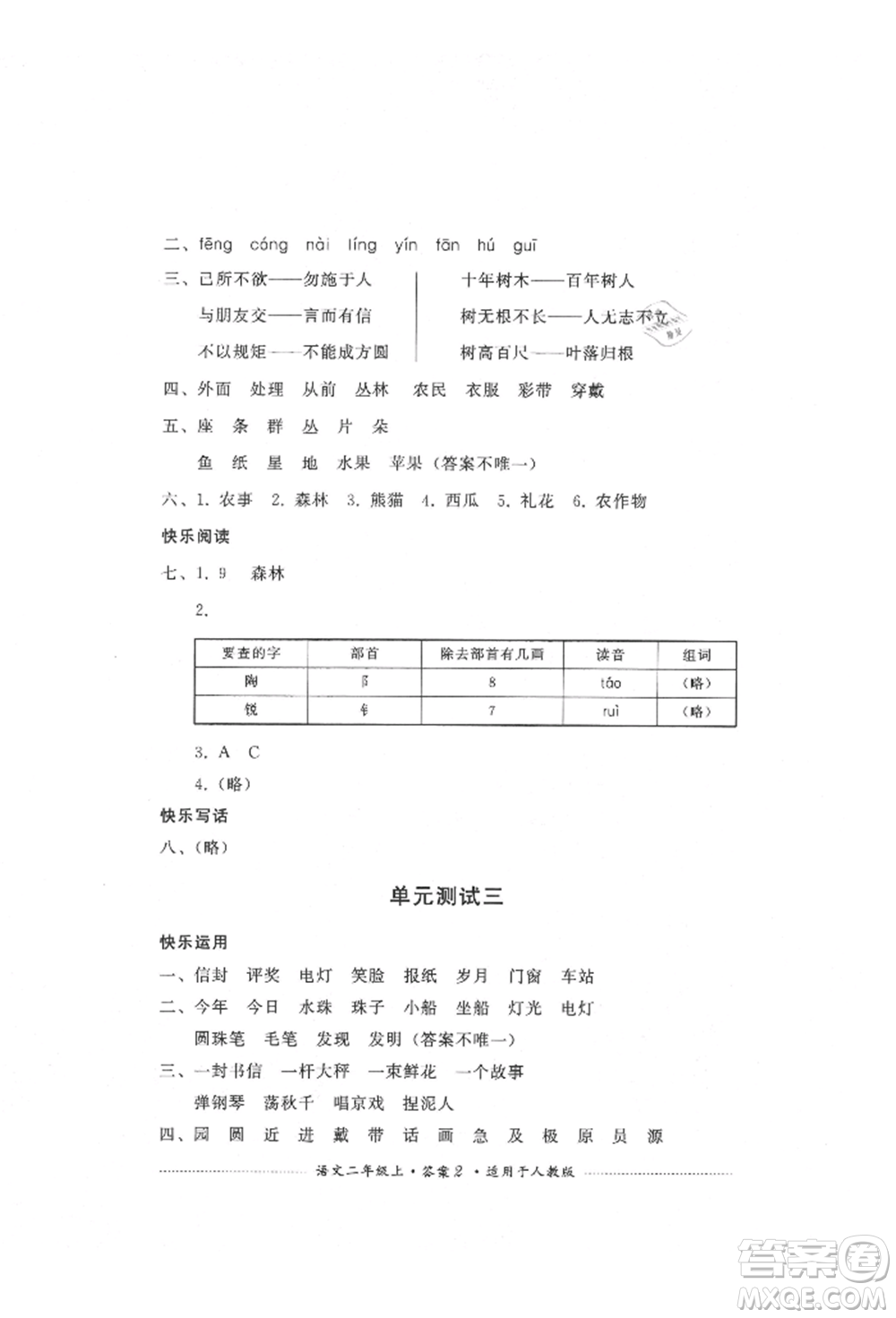 四川教育出版社2021單元測(cè)試二年級(jí)語文上冊(cè)人教版參考答案