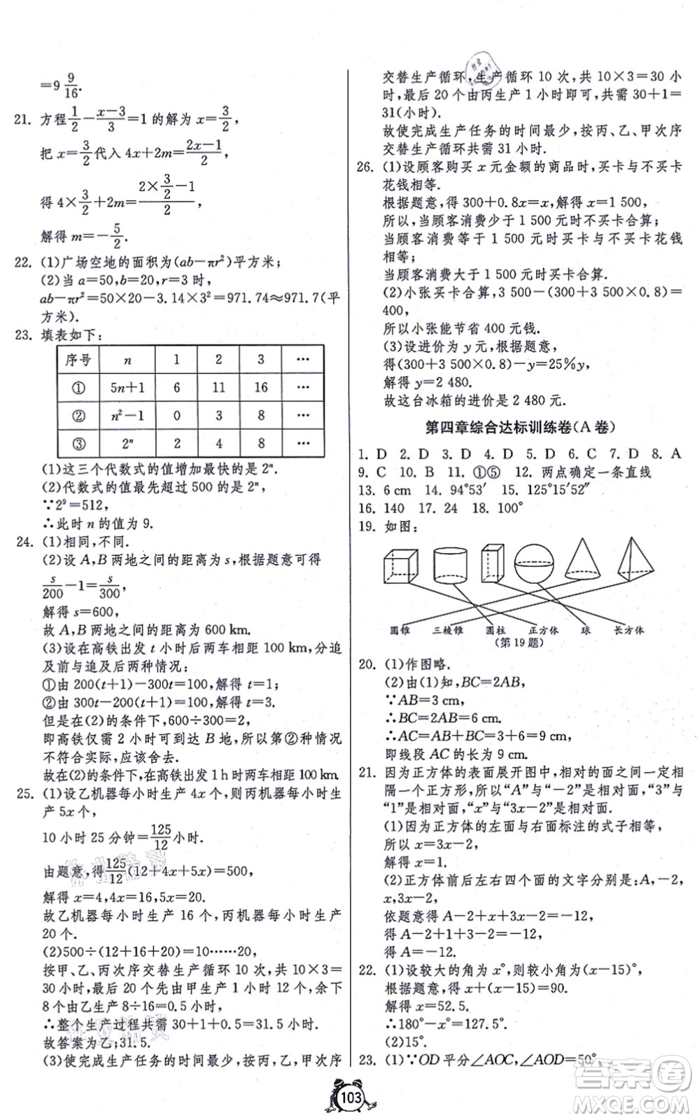 江蘇人民出版社2021單元雙測全程提優(yōu)測評(píng)卷七年級(jí)數(shù)學(xué)上冊(cè)RMJY人教版答案