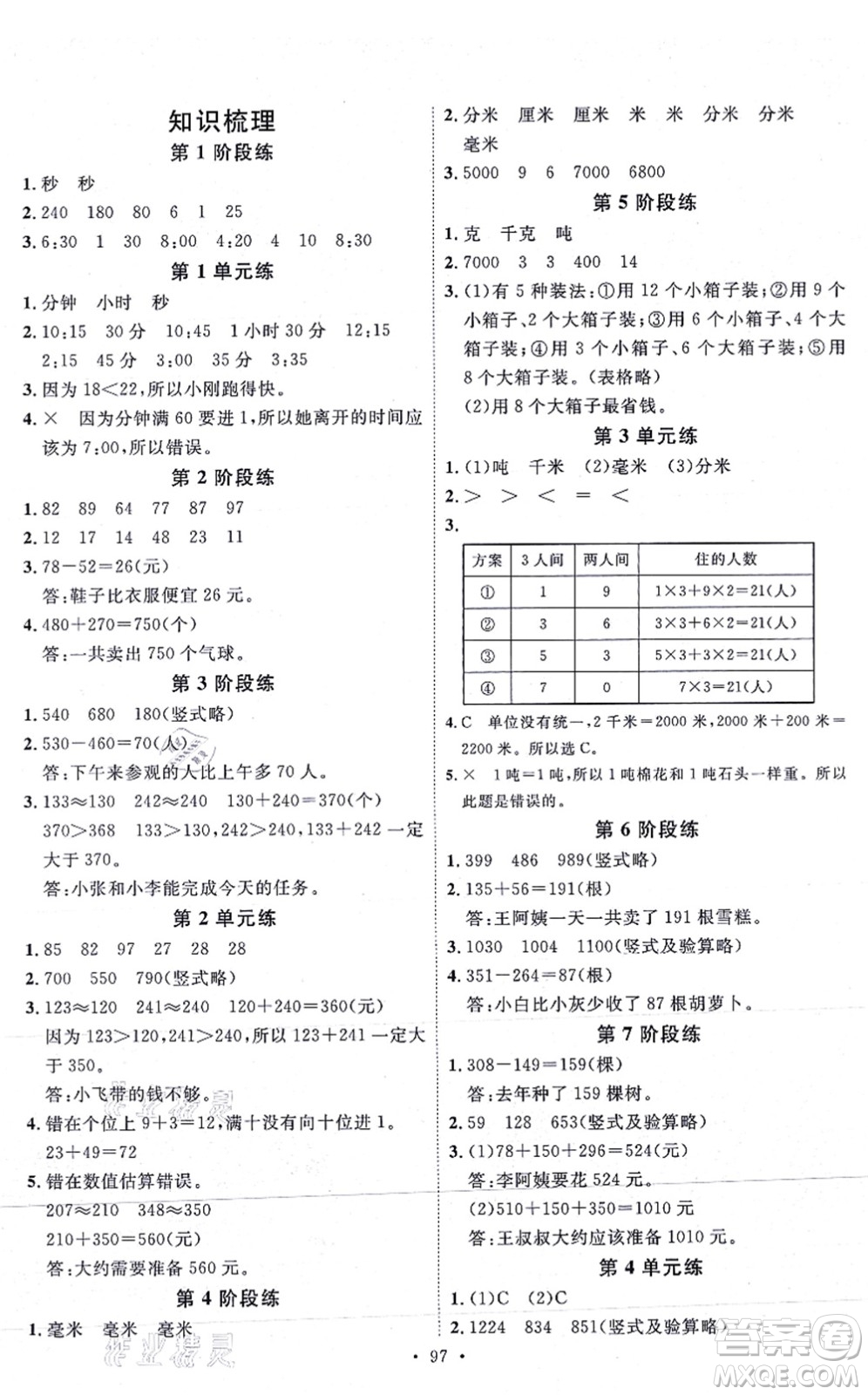 延邊教育出版社2021每時每刻快樂優(yōu)+作業(yè)本三年級數(shù)學(xué)上冊RJ人教版答案