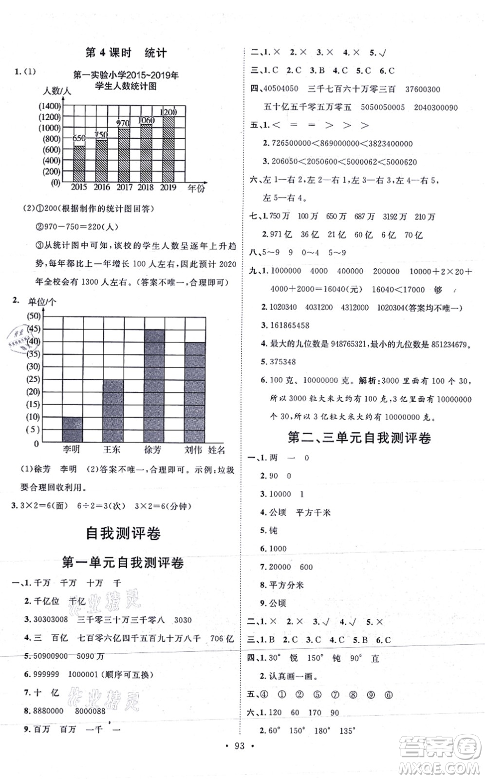 延邊教育出版社2021每時每刻快樂優(yōu)+作業(yè)本四年級數(shù)學(xué)上冊RJ人教版答案