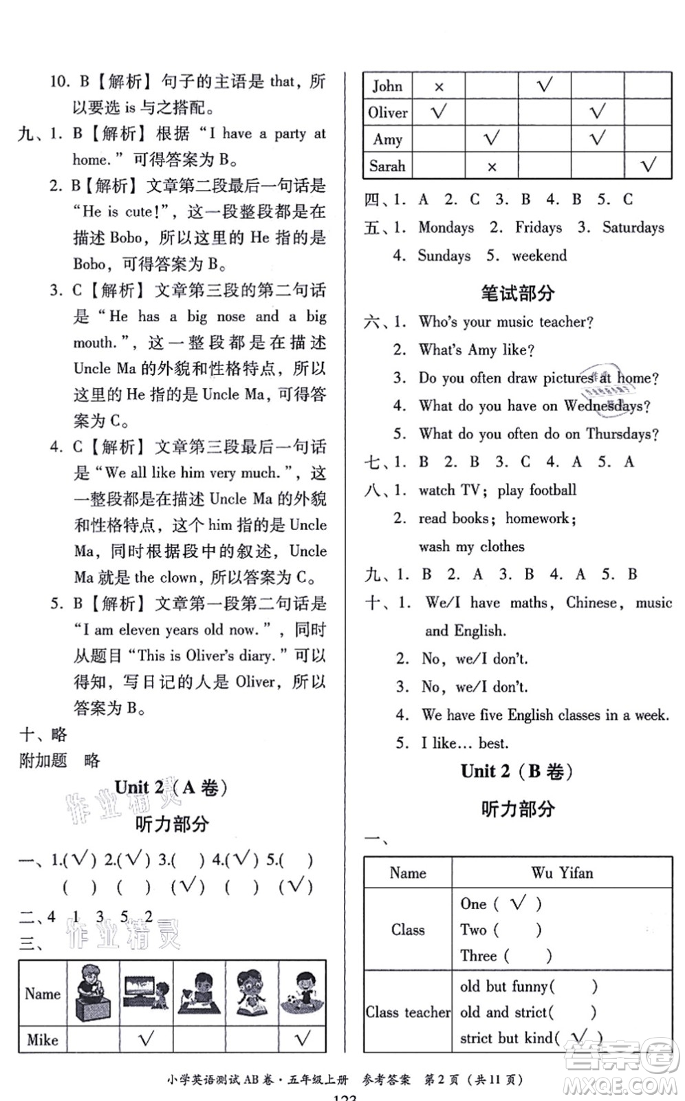 華南理工大學(xué)出版社2021小學(xué)英語測試AB卷五年級上冊RJ人教版佛山專版答案