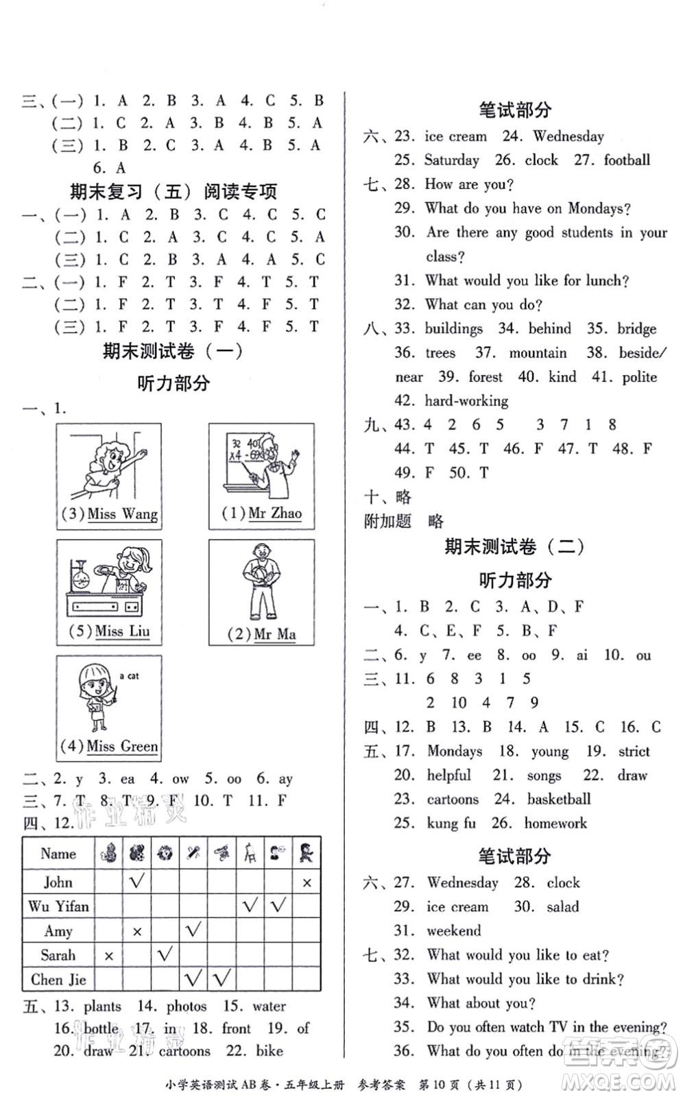 華南理工大學(xué)出版社2021小學(xué)英語測試AB卷五年級上冊RJ人教版佛山專版答案