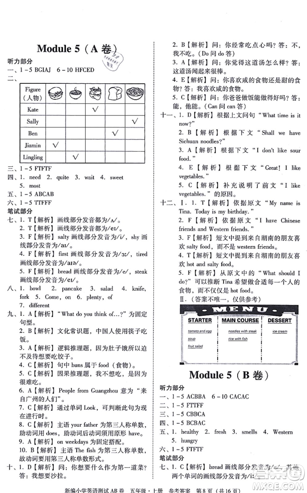 華南理工大學(xué)出版社2021小學(xué)英語(yǔ)測(cè)試AB卷五年級(jí)上冊(cè)RJ人教版廣州專(zhuān)版答案