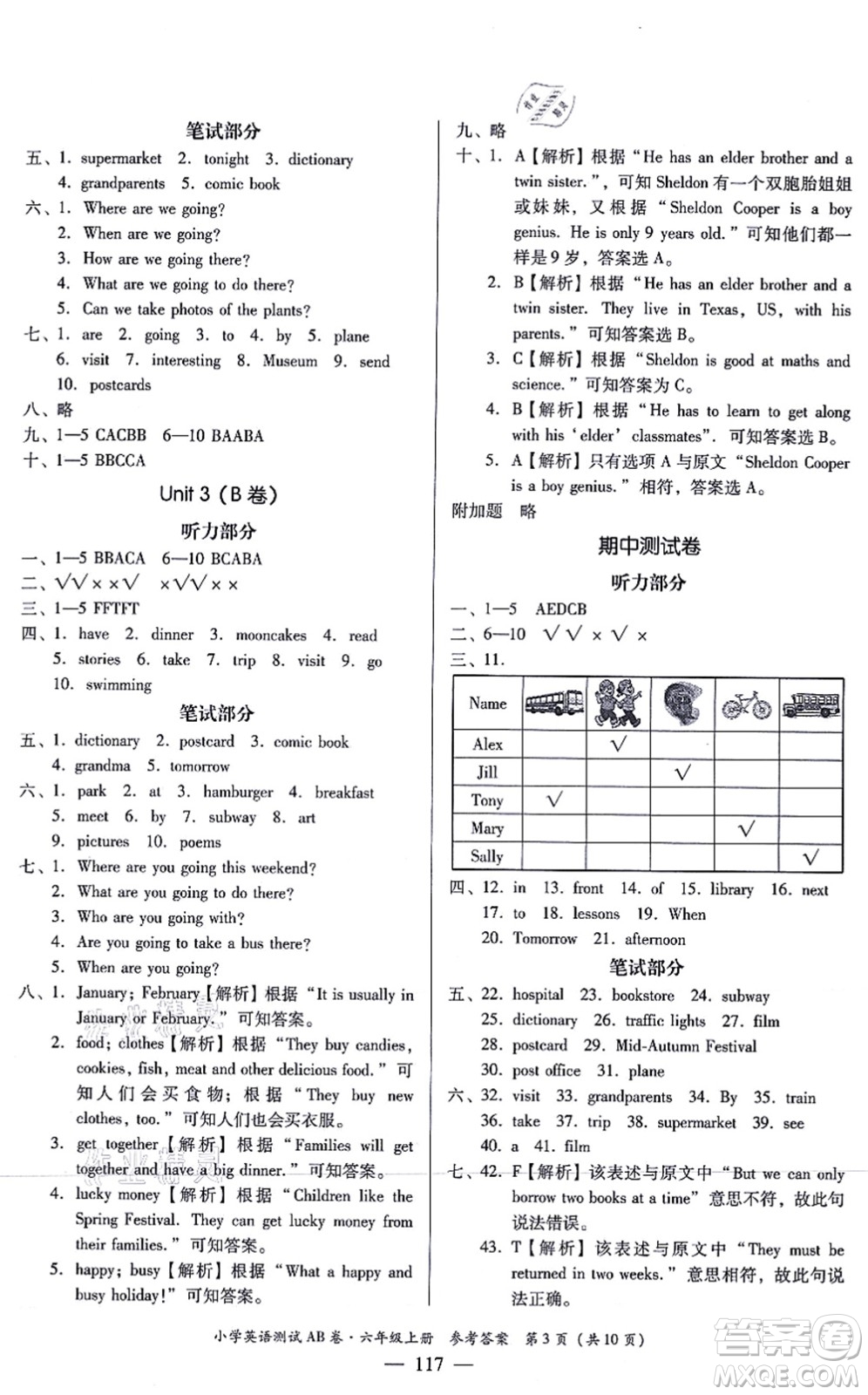 華南理工大學出版社2021小學英語測試AB卷六年級上冊RJ人教版佛山專版答案