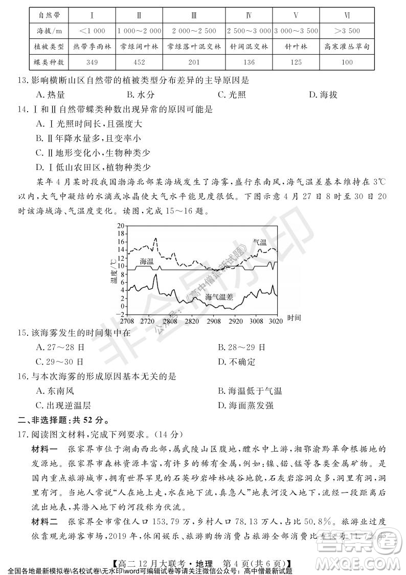 天壹名校聯(lián)盟2021年下學(xué)期高二12月聯(lián)考地理試題及答案