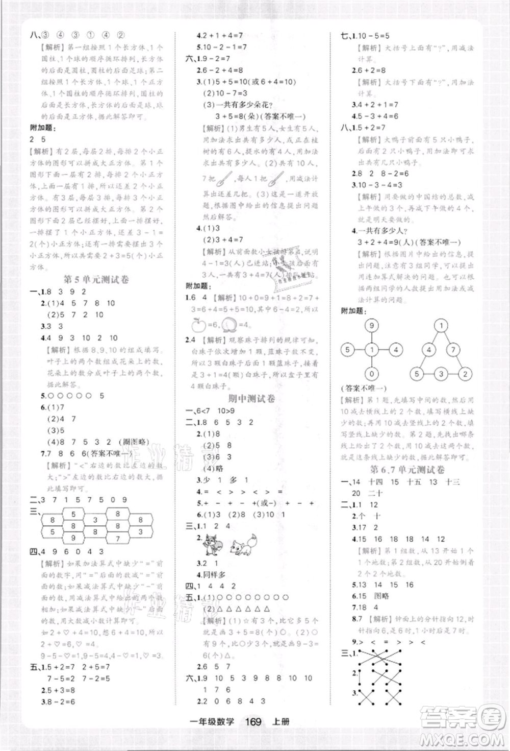 西安出版社2021狀元成才路狀元作業(yè)本一年級數(shù)學上冊人教版參考答案