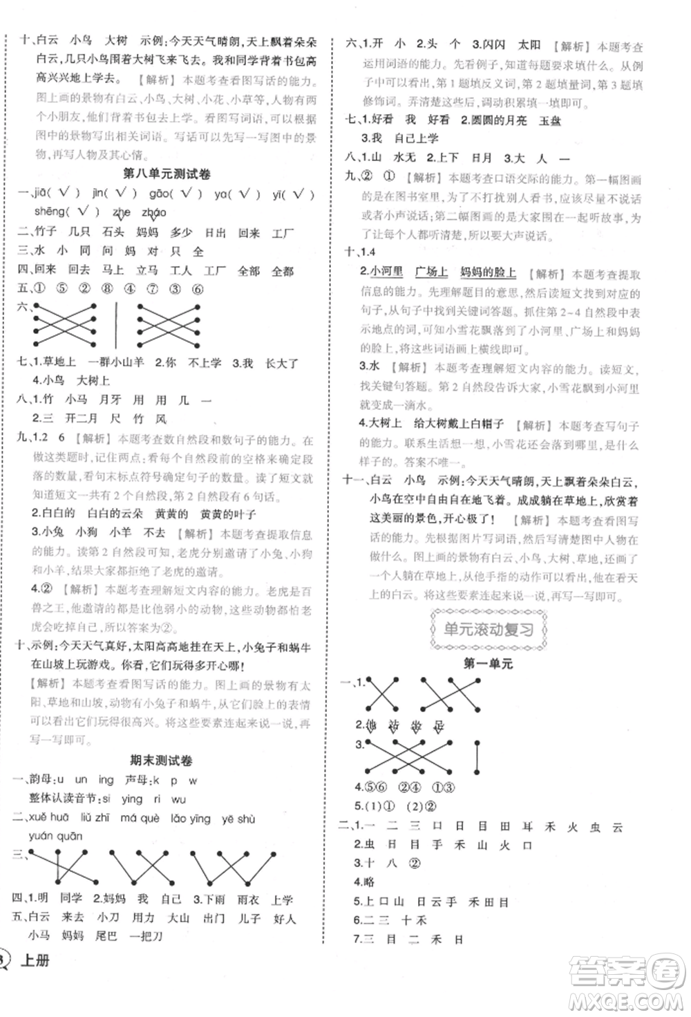 西安出版社2021狀元成才路狀元作業(yè)本一年級語文上冊人教版參考答案