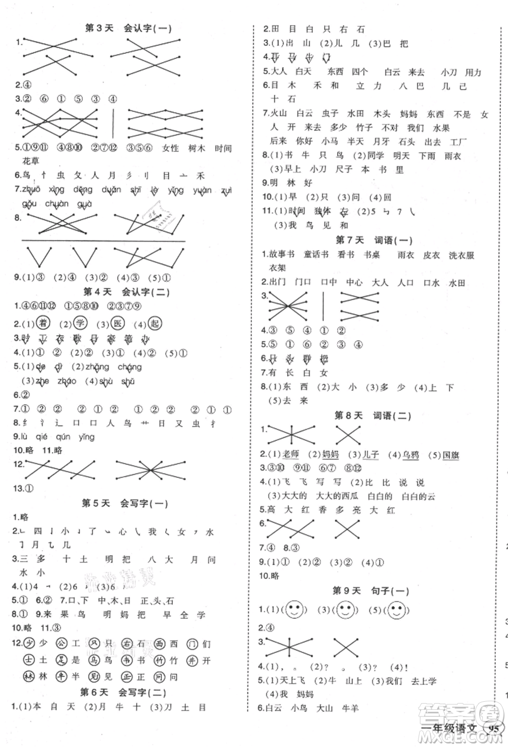 西安出版社2021狀元成才路狀元作業(yè)本一年級語文上冊人教版參考答案