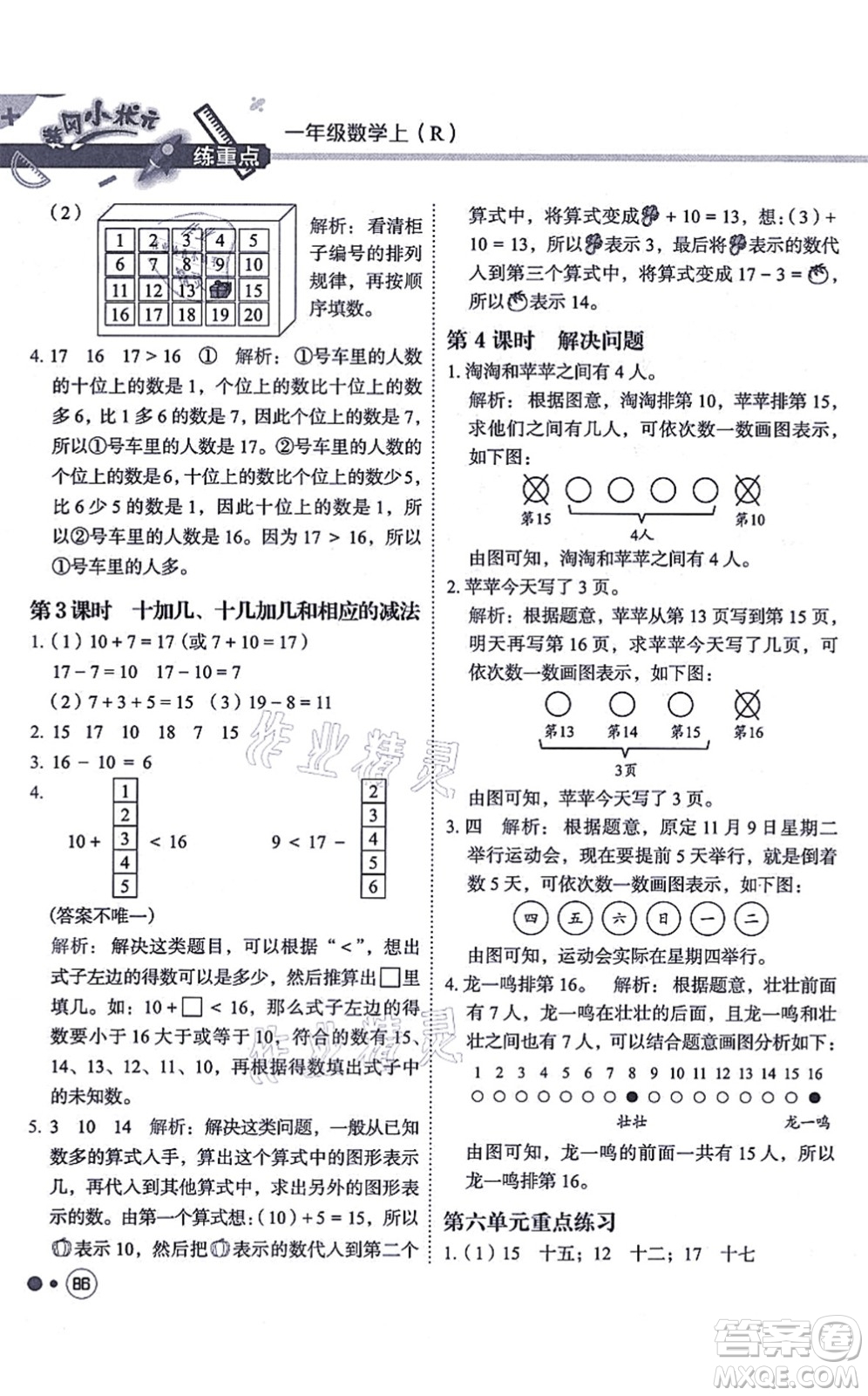 龍門書局2021黃岡小狀元練重點(diǎn)培優(yōu)同步練習(xí)一年級數(shù)學(xué)上冊R人教版答案