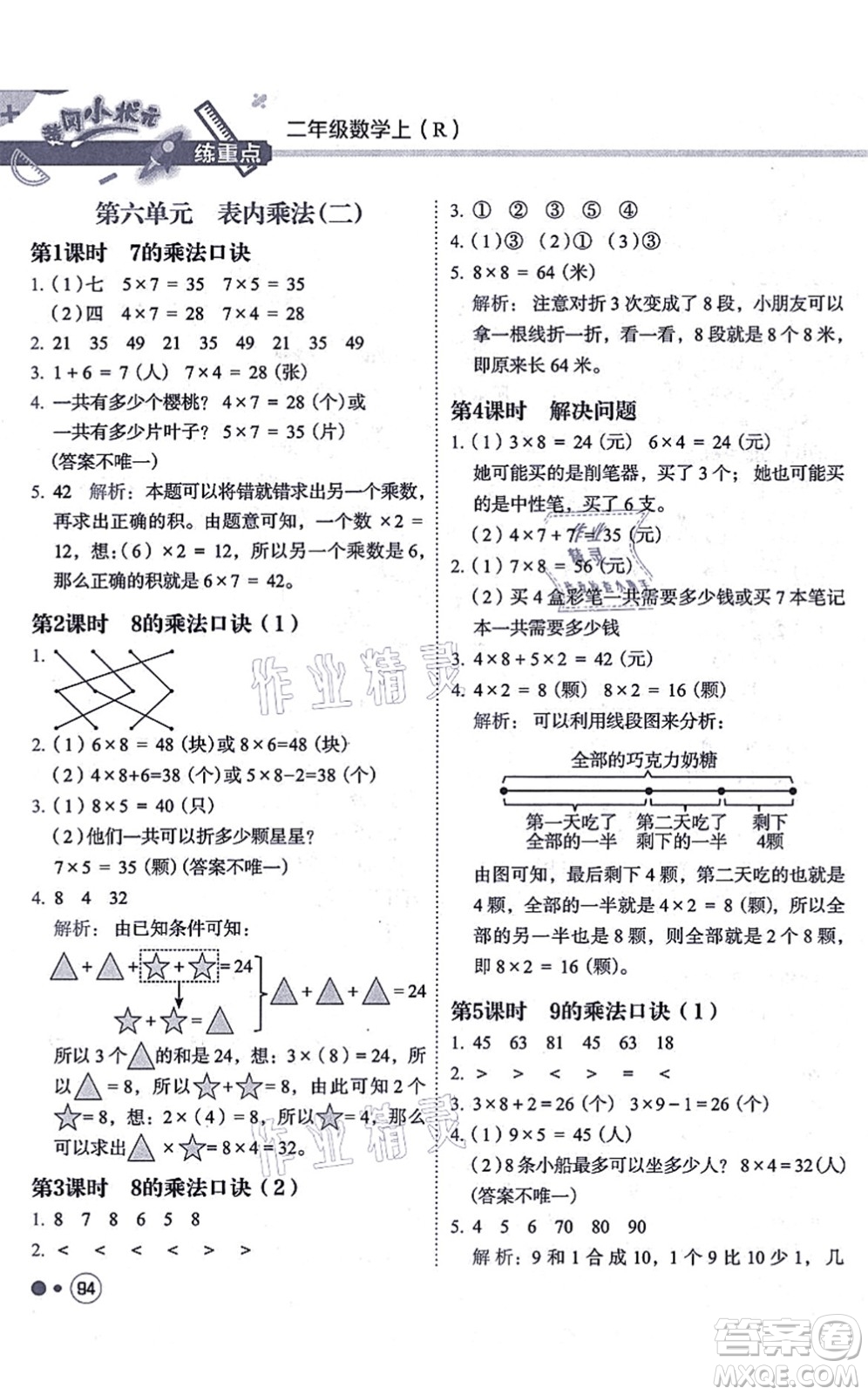 龍門書局2021黃岡小狀元練重點培優(yōu)同步練習二年級數(shù)學上冊R人教版答案