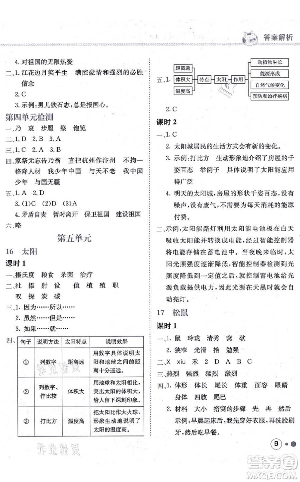 龍門書局2021黃岡小狀元練重點培優(yōu)同步練習(xí)五年級語文上冊R人教版答案