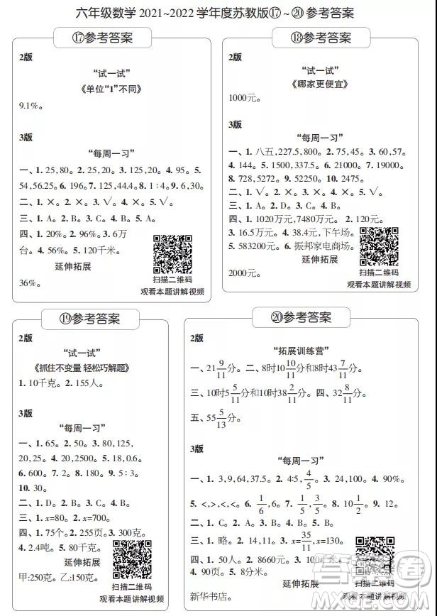 2021年時代學(xué)習(xí)報六年級上數(shù)學(xué)蘇教版17-20期參考答案