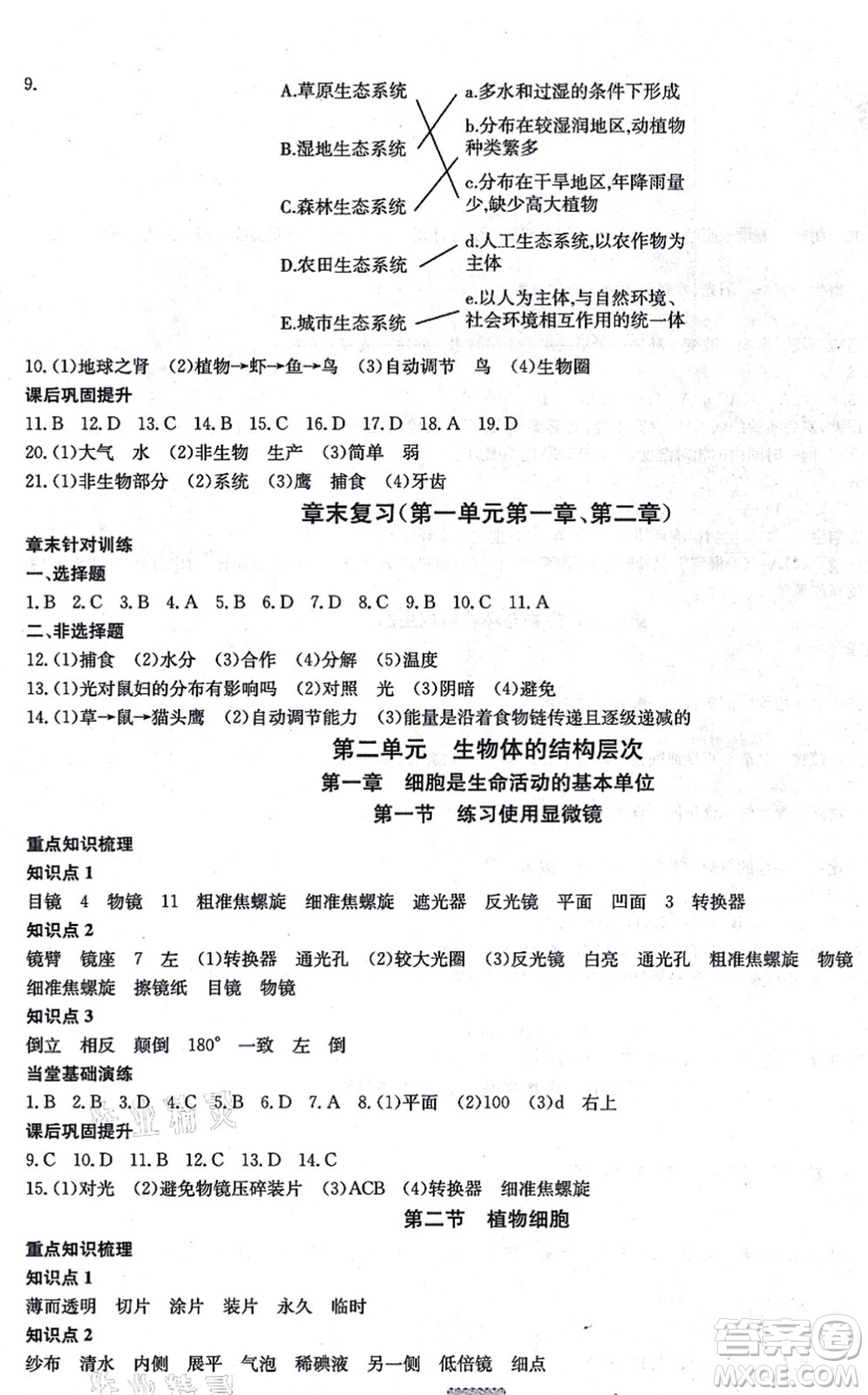 遼寧少年兒童出版社2021練重點七年級生物上冊RJ人教版河南專版答案