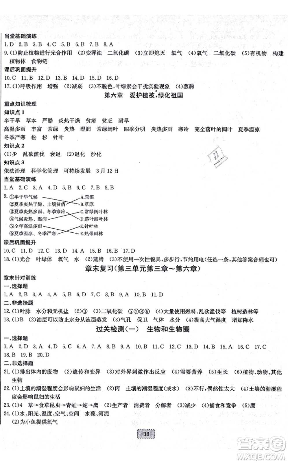 遼寧少年兒童出版社2021練重點七年級生物上冊RJ人教版河南專版答案