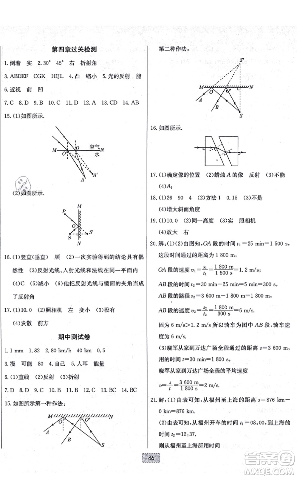 遼寧少年兒童出版社2021練重點(diǎn)八年級物理上冊HK滬科版河南專版答案