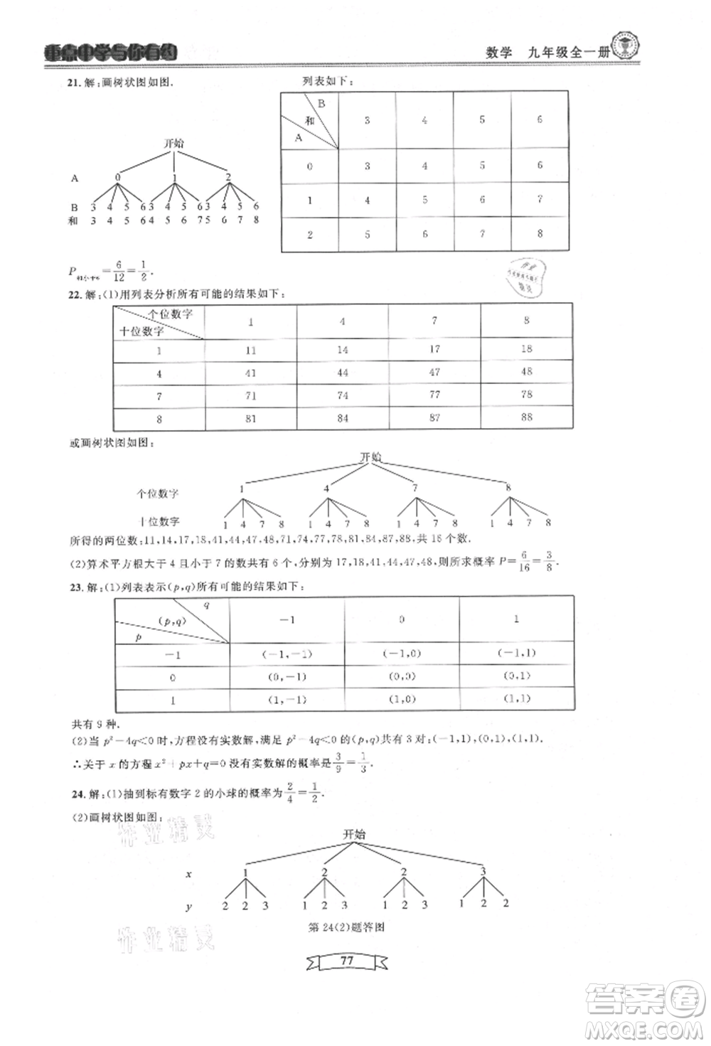 天津科學技術出版社2021重點中學與你有約九年級數(shù)學浙教版參考答案