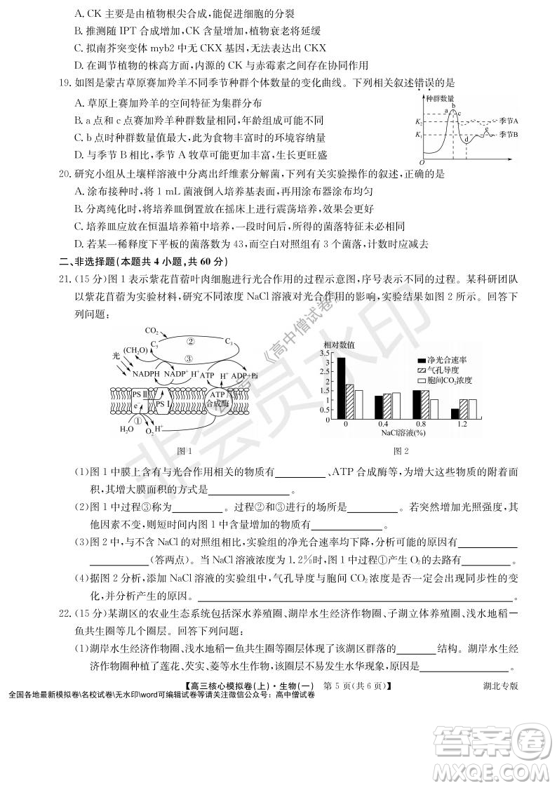 九師聯(lián)盟2022屆新高考高三核心模擬卷上生物一試題及答案