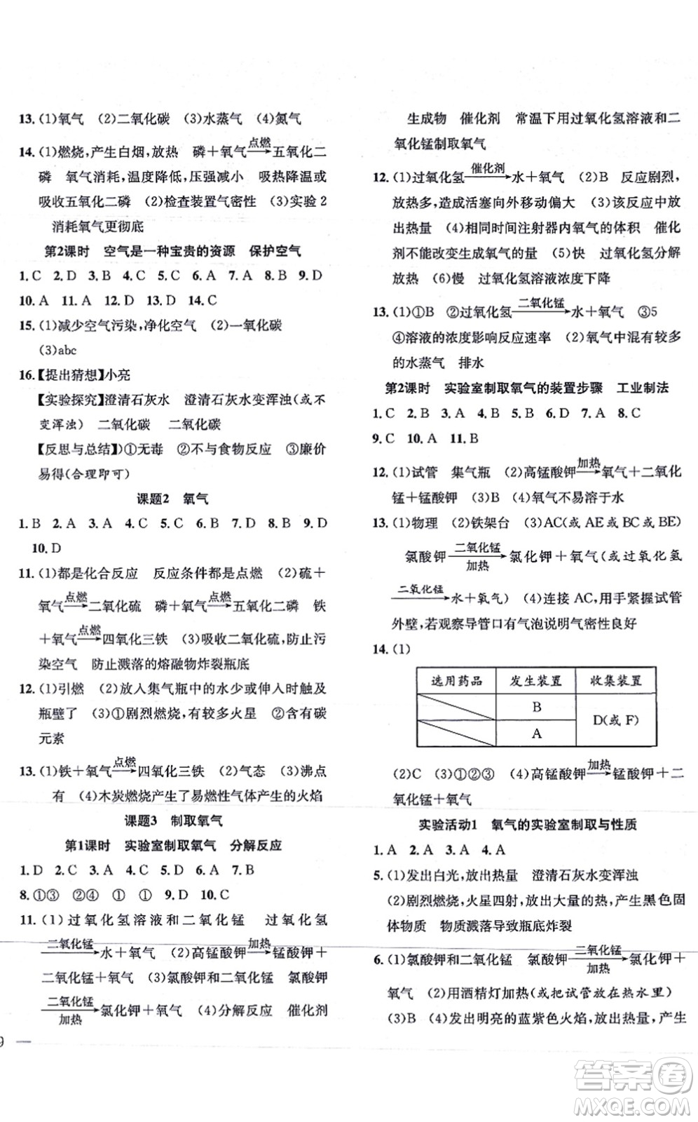 團(tuán)結(jié)出版社2021體驗(yàn)型學(xué)案九年級(jí)化學(xué)上冊(cè)R人教版答案