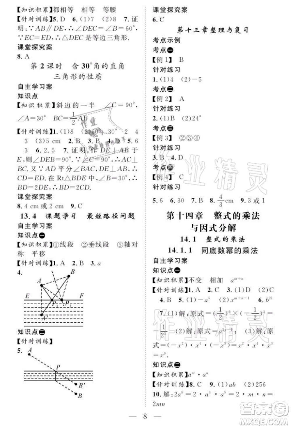 長江少年兒童出版社2021優(yōu)質(zhì)課堂導(dǎo)學(xué)案八年級(jí)上冊(cè)數(shù)學(xué)人教版B課后作業(yè)參考答案