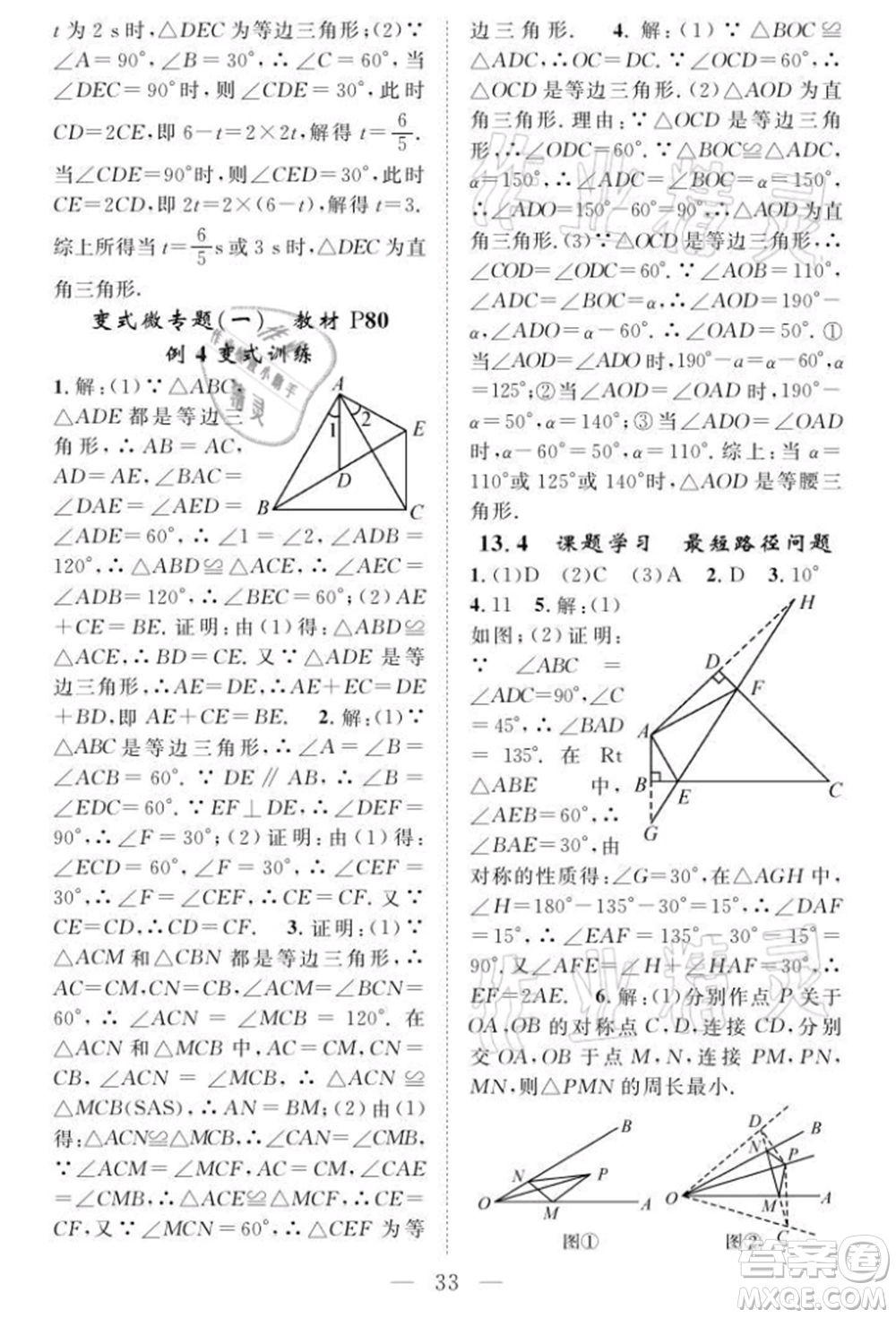 長江少年兒童出版社2021優(yōu)質(zhì)課堂導(dǎo)學(xué)案八年級(jí)上冊(cè)數(shù)學(xué)人教版B課后作業(yè)參考答案