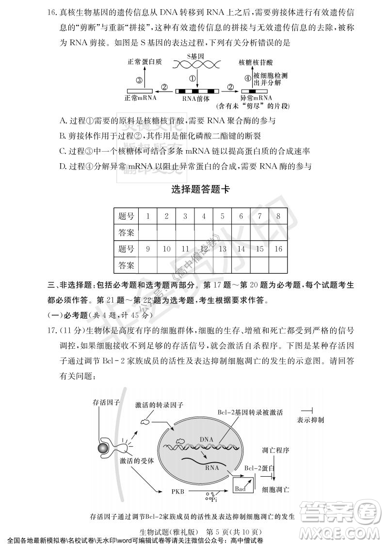 炎德英才大聯(lián)考雅禮中學(xué)2022屆高三月考試卷四生物試題及答案