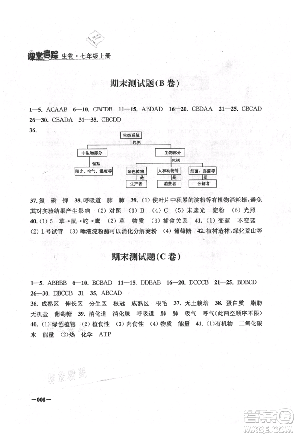 江蘇鳳凰美術(shù)出版社2021課堂追蹤七年級(jí)生物上冊(cè)蘇科版參考答案