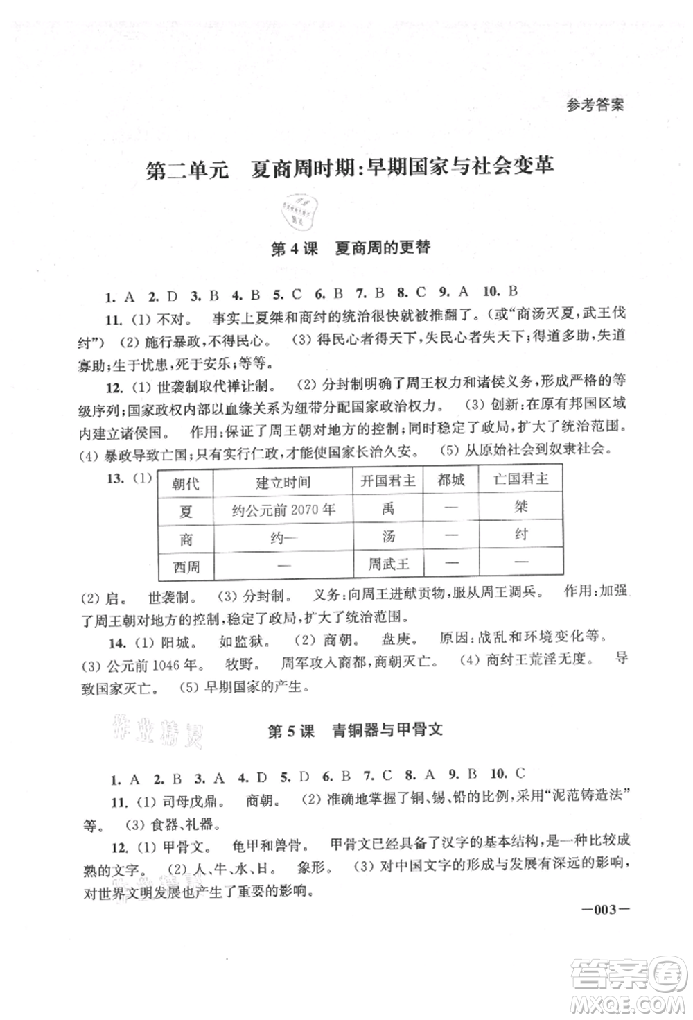 江蘇鳳凰美術(shù)出版社2021課堂追蹤七年級(jí)歷史上冊(cè)人教版參考答案