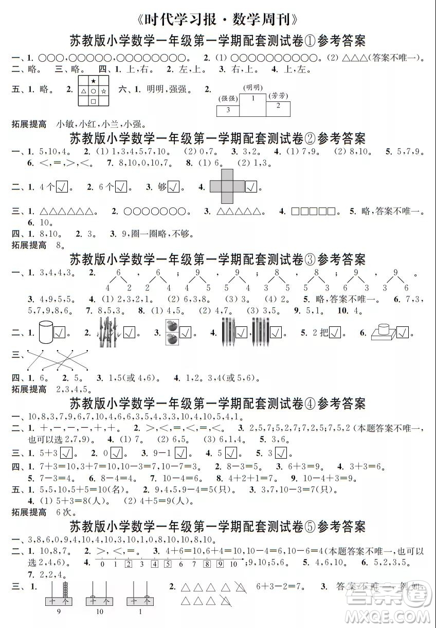 2021年時(shí)代學(xué)習(xí)報(bào)數(shù)學(xué)周刊蘇教版一年級(jí)第一學(xué)期配套試卷答案