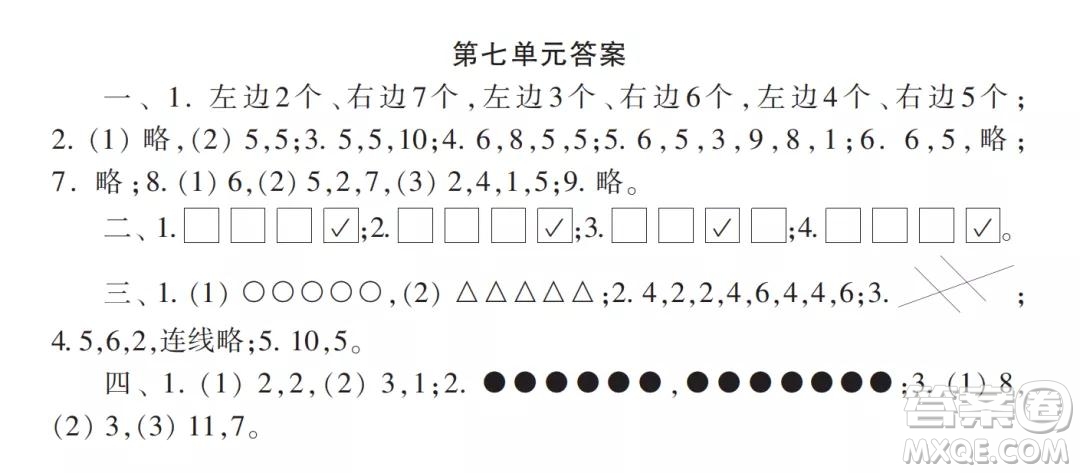 2021年小學(xué)生數(shù)學(xué)報(bào)配套試卷一年級(jí)上冊(cè)7-10單元測(cè)試卷參考答案