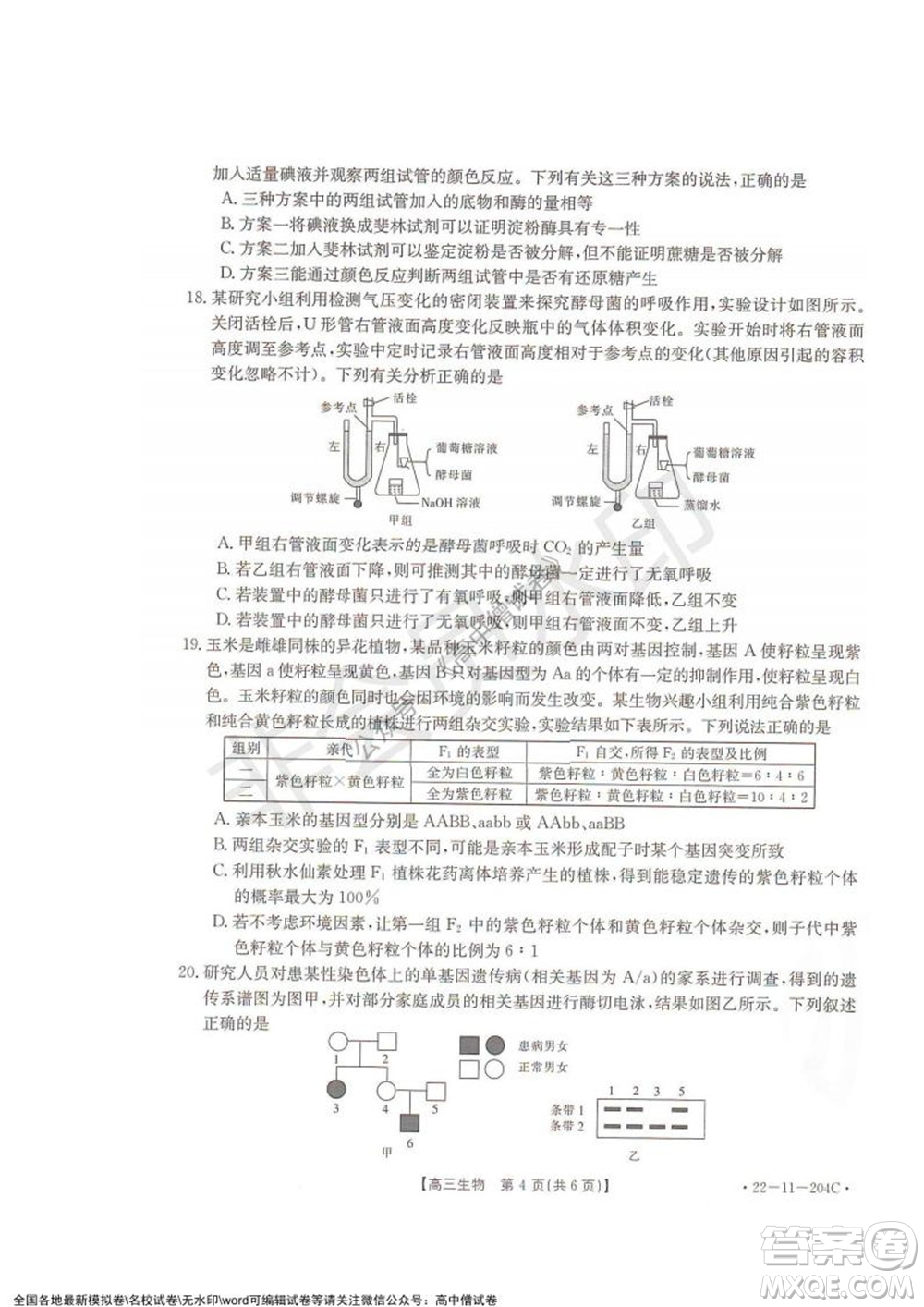 2022屆湖北金太陽(yáng)高三12月聯(lián)考生物試題及答案