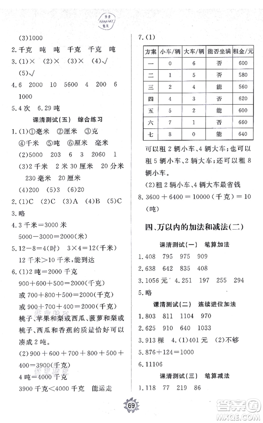 山東友誼出版社2021小學同步練習冊提優(yōu)測試卷三年級數(shù)學上冊RJ人教版答案