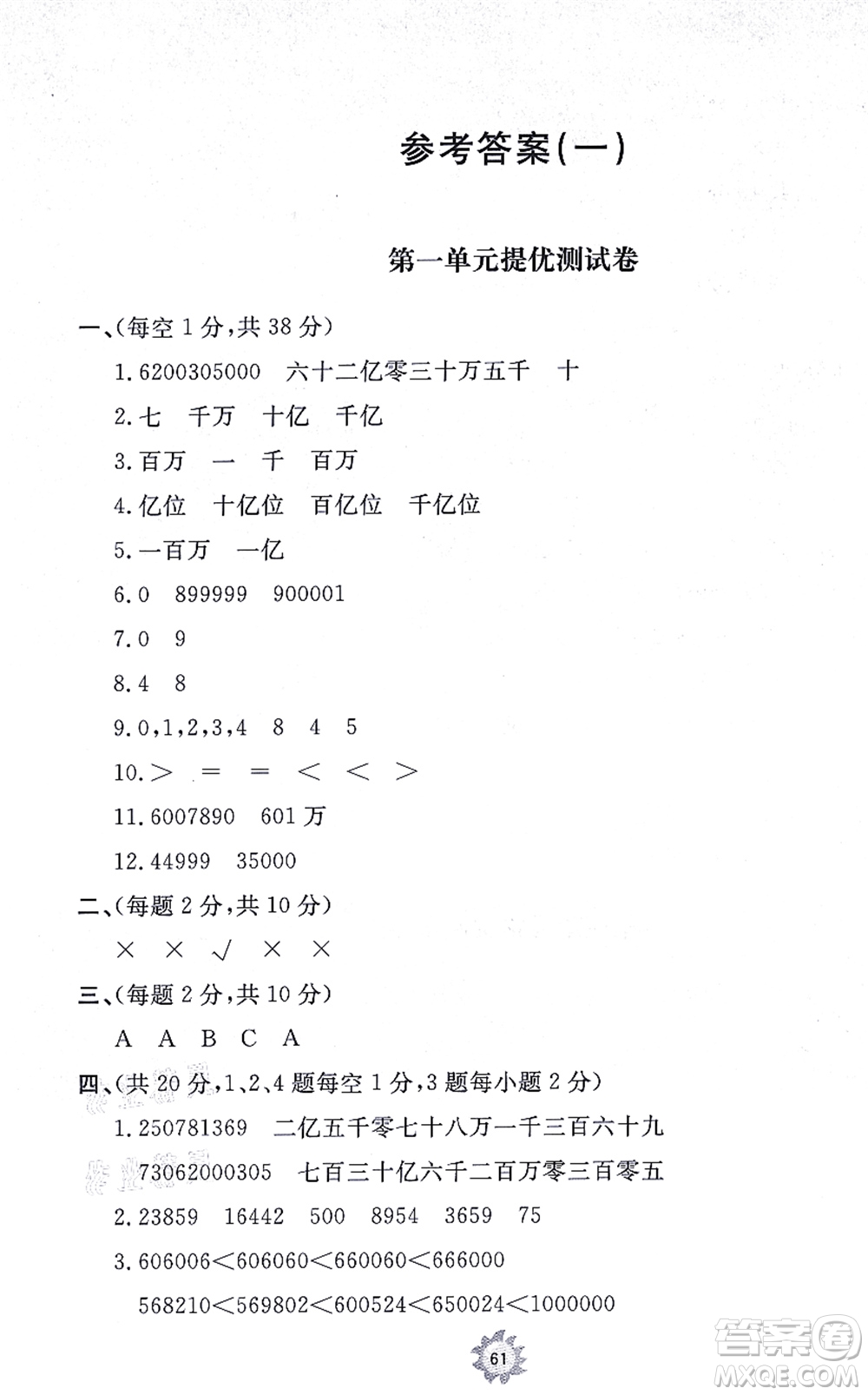 山東友誼出版社2021小學(xué)同步練習(xí)冊(cè)提優(yōu)測(cè)試卷四年級(jí)數(shù)學(xué)上冊(cè)RJ人教版答案