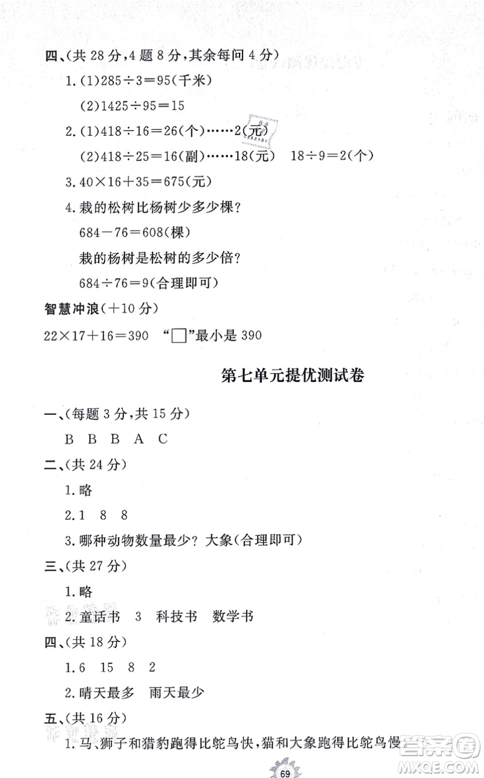 山東友誼出版社2021小學(xué)同步練習(xí)冊(cè)提優(yōu)測(cè)試卷四年級(jí)數(shù)學(xué)上冊(cè)RJ人教版答案