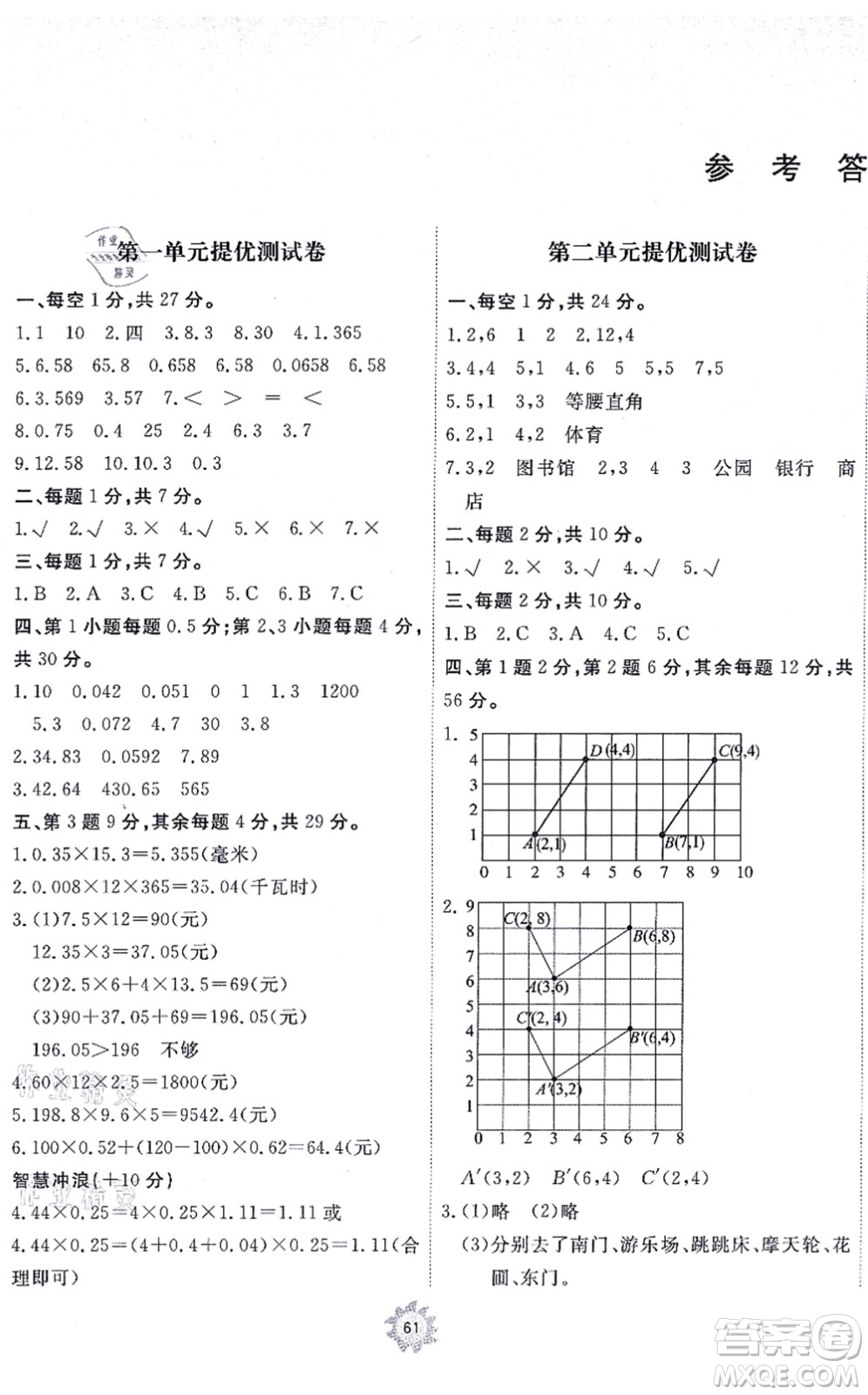 山東友誼出版社2021小學同步練習冊提優(yōu)測試卷五年級數(shù)學上冊RJ人教版答案