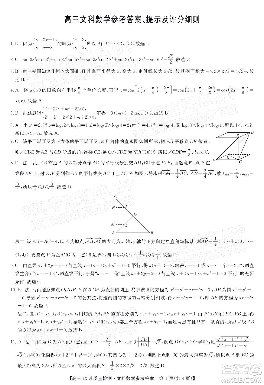 2022屆九師聯(lián)盟高三12月質(zhì)量檢測全國卷文科數(shù)學(xué)試題及答案