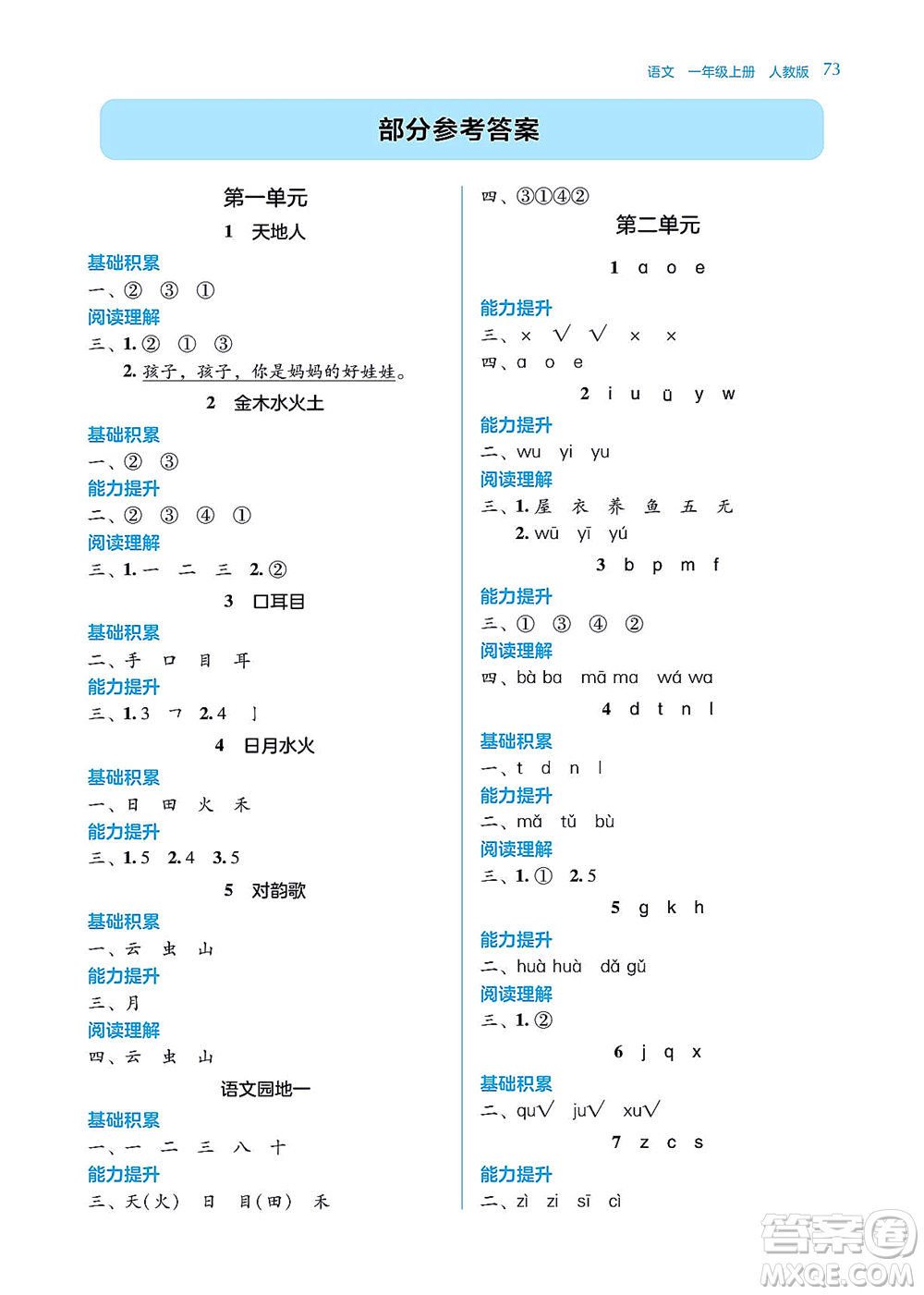 湖南教育出版社2021學(xué)法大視野一年級語文上冊人教版答案