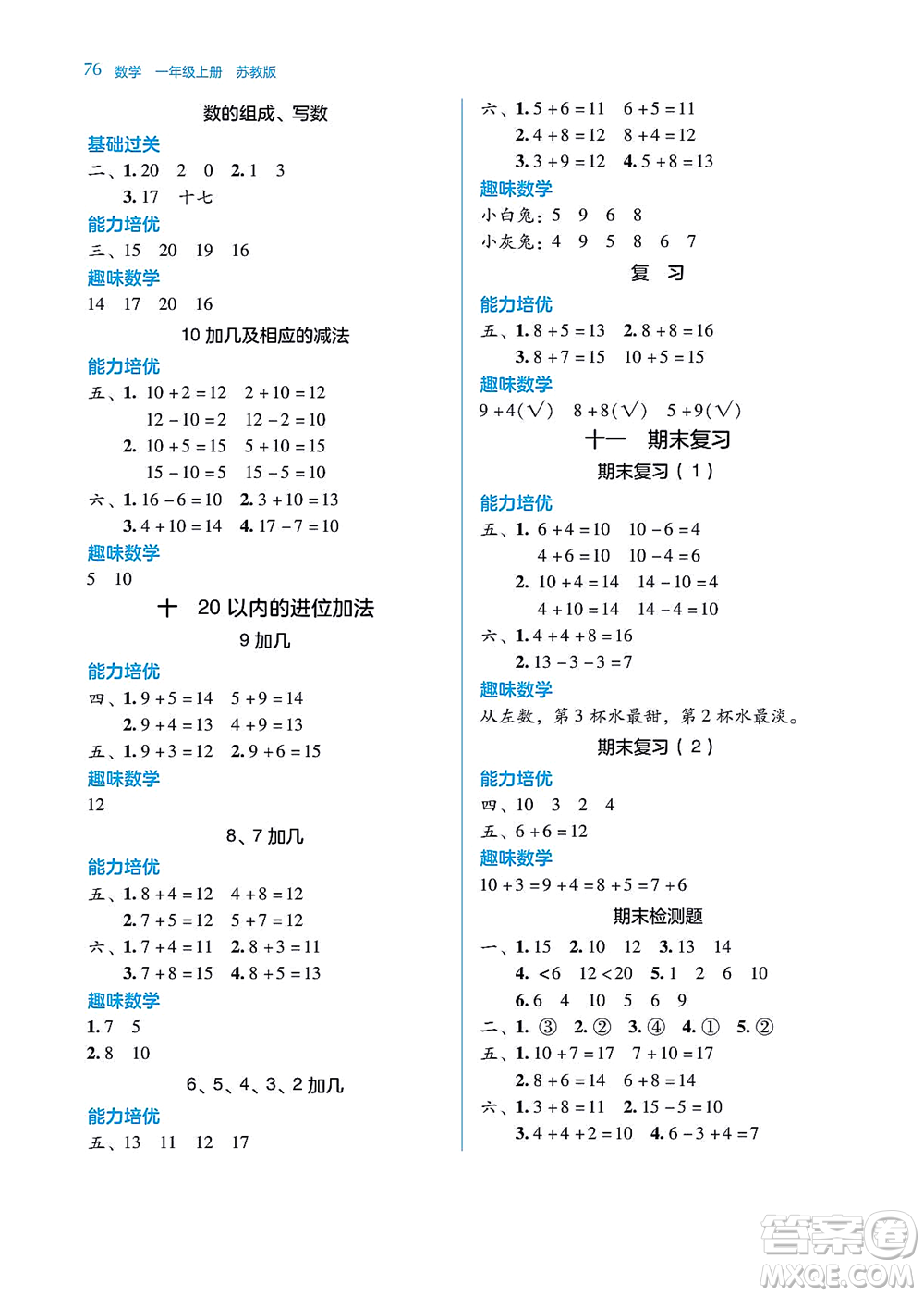 湖南教育出版社2021學(xué)法大視野一年級數(shù)學(xué)上冊蘇教版答案