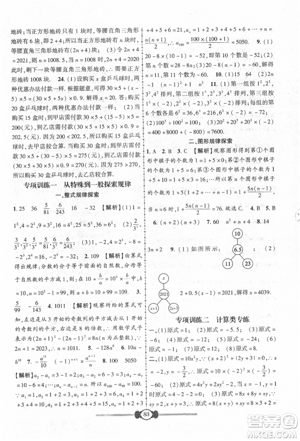 長(zhǎng)江少年兒童出版社2021培優(yōu)好卷金榜名卷單元+期末卷七年級(jí)數(shù)學(xué)上冊(cè)人教版參考答案