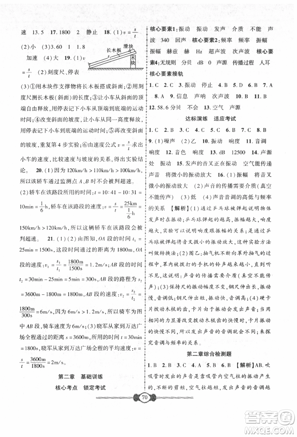 長(zhǎng)江少年兒童出版社2021培優(yōu)好卷金榜名卷單元+期末卷八年級(jí)物理上冊(cè)人教版參考答案