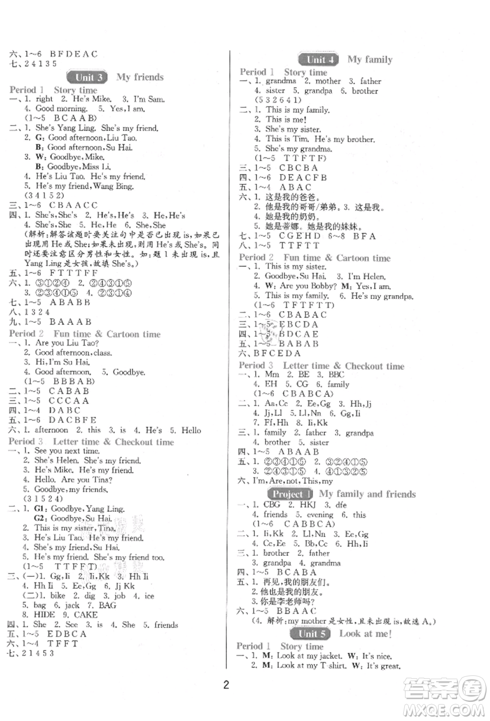 江蘇人民出版社2021年1課3練單元達標(biāo)測試三年級起點三年級英語上冊譯林版參考答案