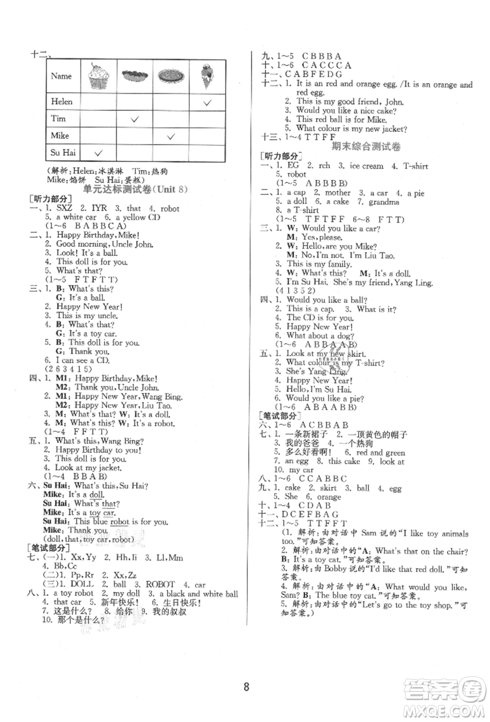 江蘇人民出版社2021年1課3練單元達標(biāo)測試三年級起點三年級英語上冊譯林版參考答案